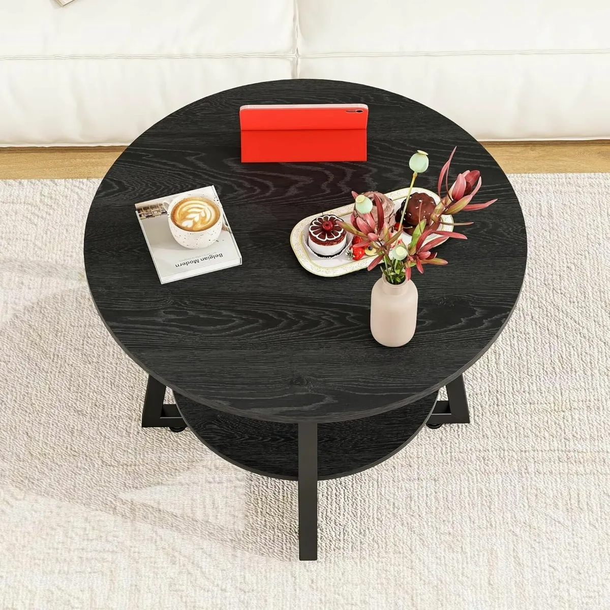 Round Coffee Table with Storage Shelves 2-Tier - Image 3