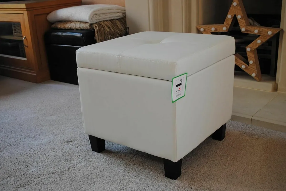 Cream Genuine Real Leather Storage Footstool - Image 1