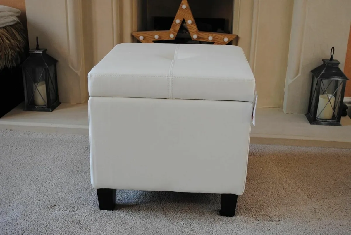 Cream Genuine Real Leather Storage Footstool - Image 3