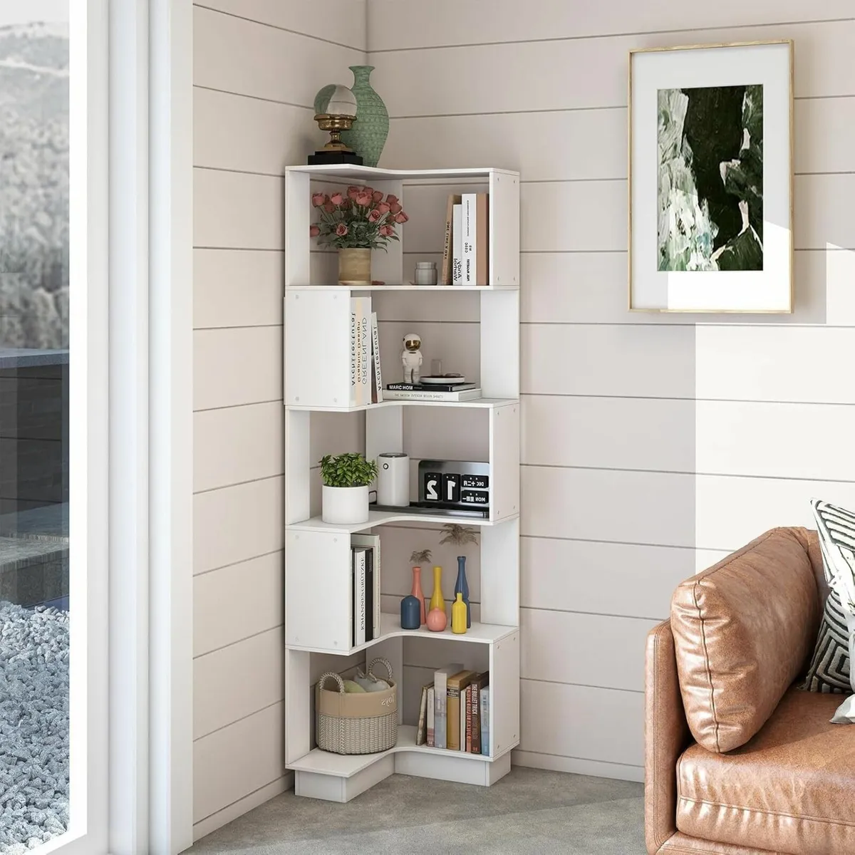 5 Tier Corner Bookcase Large Wooden Shelf Modern - Image 1