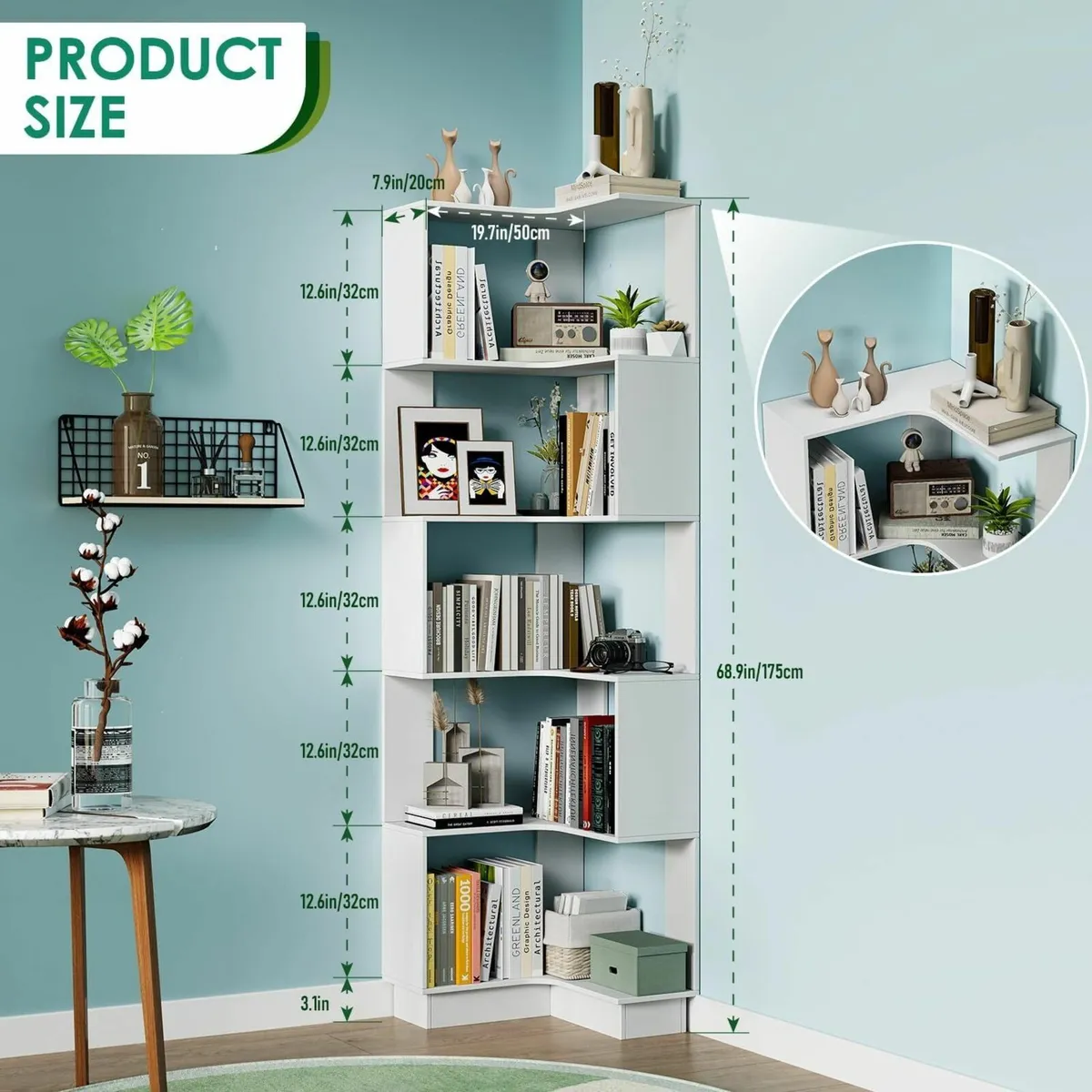 5 Tier Corner Bookcase Large Wooden Shelf Modern - Image 2