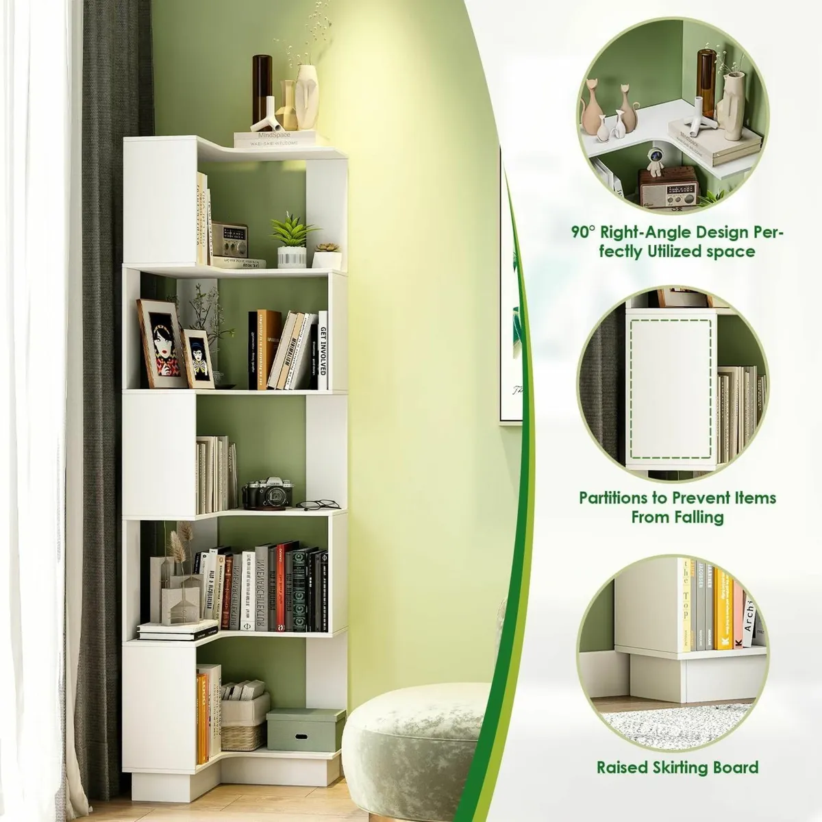 5 Tier Corner Bookcase Large Wooden Shelf Modern - Image 3