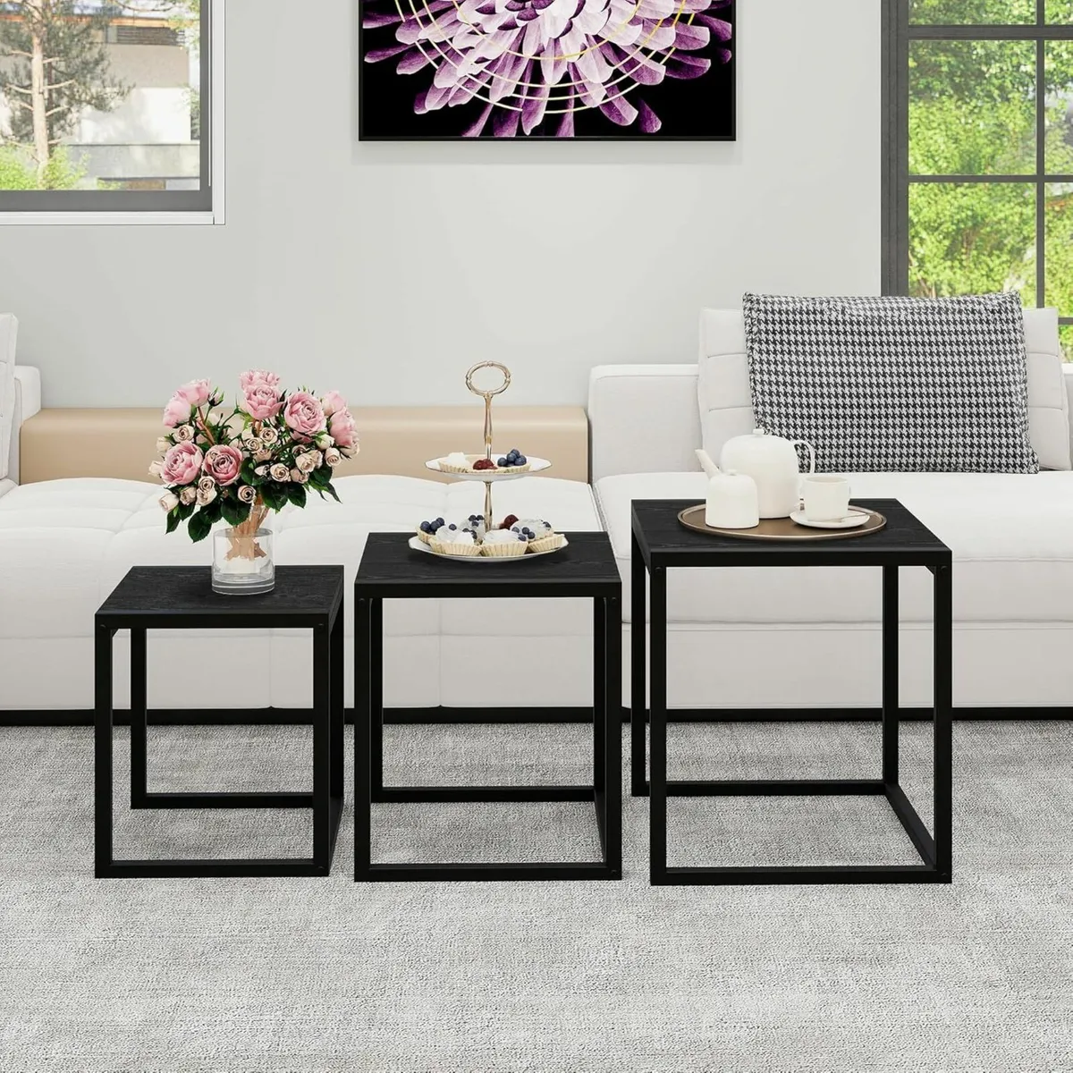 Nesting Table Set of 3 Side Wooden Tables Square - Image 1