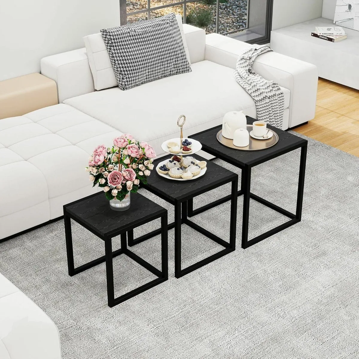 Nesting Table Set of 3 Side Wooden Tables Square - Image 3