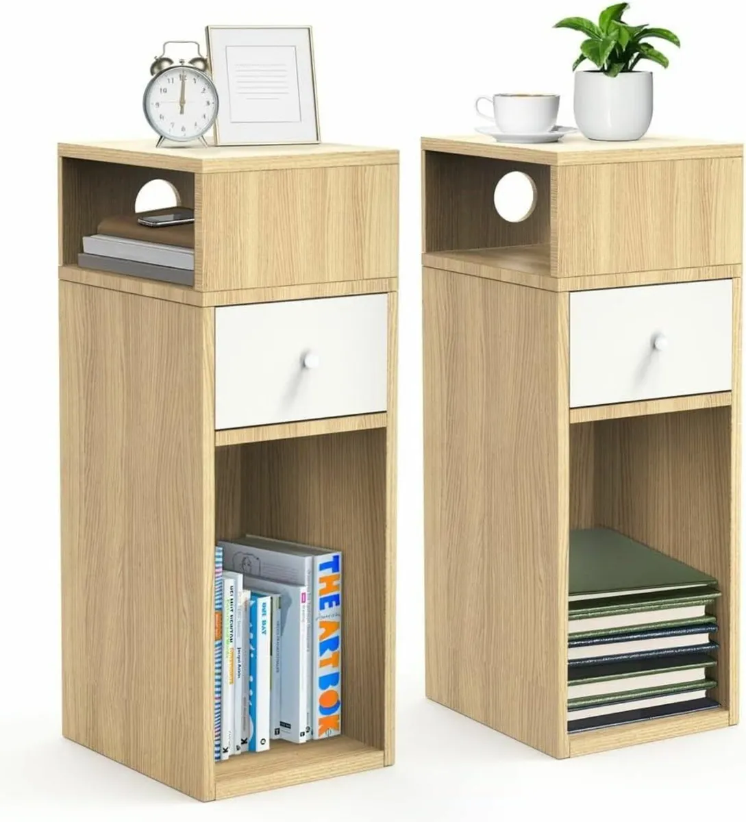 ® Slim Bedside Table Set of 2 Narrow Wood Cabinet - Image 1