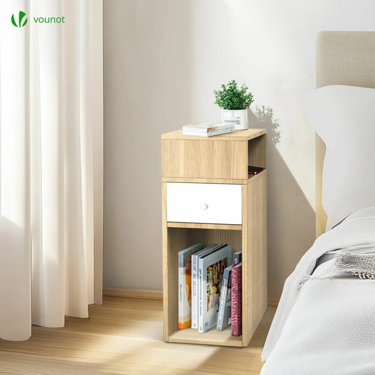 ® Slim Bedside Table Set of 2 Narrow Wood Cabinet - Image 2