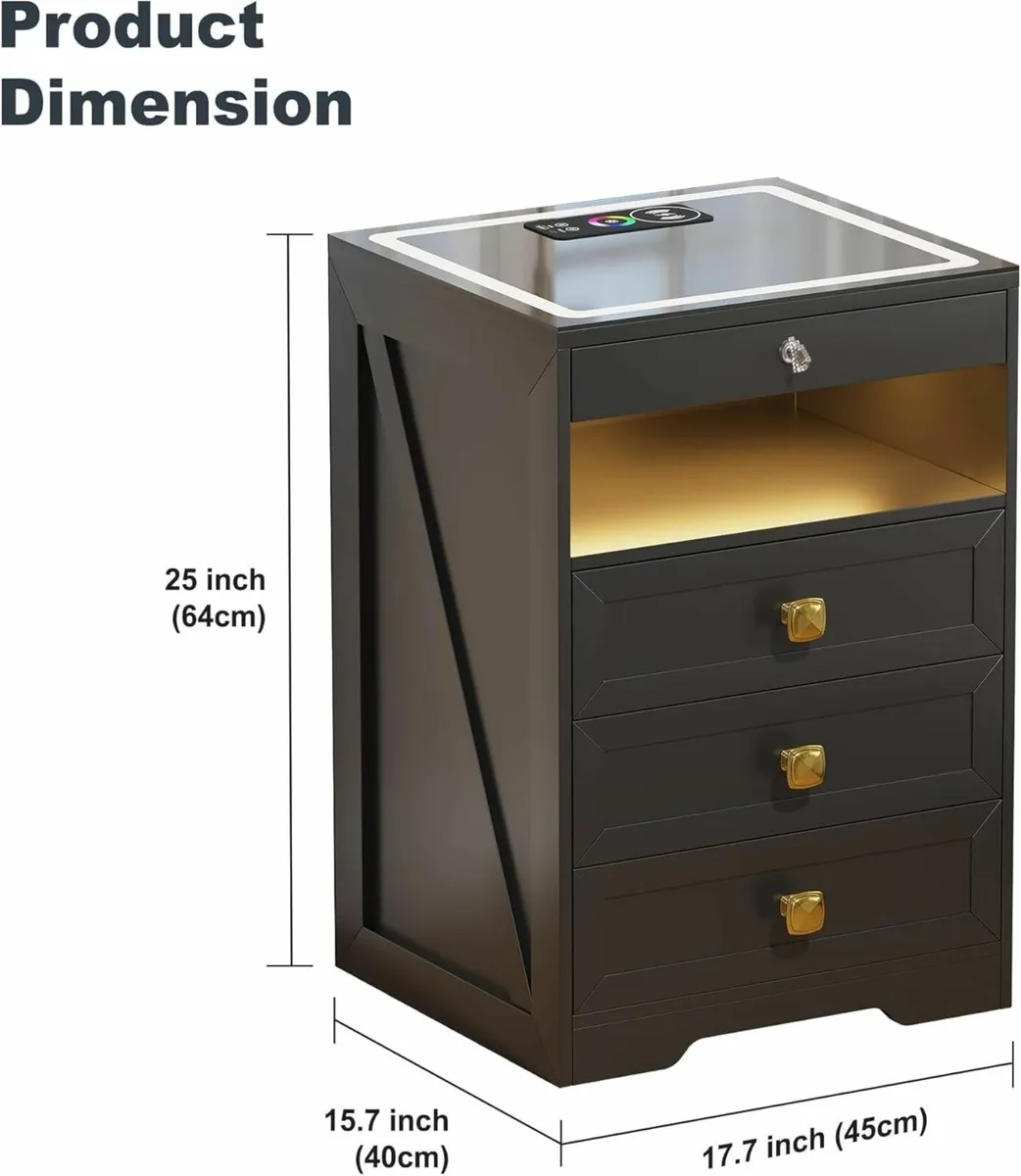 LED Bedside Table with Hidden Drawer Glass Top - Image 2