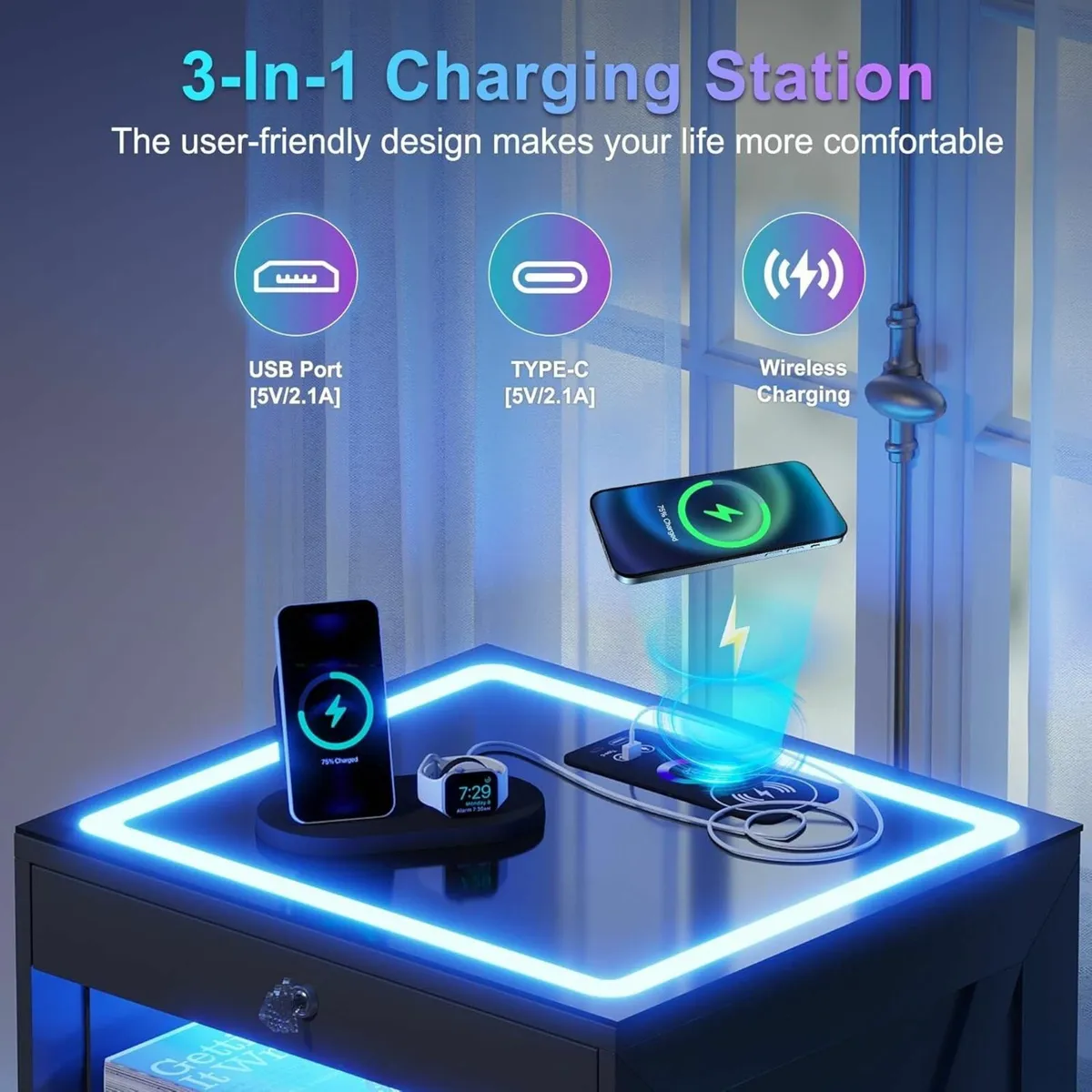 LED Bedside Table with Hidden Drawer Glass Top - Image 3