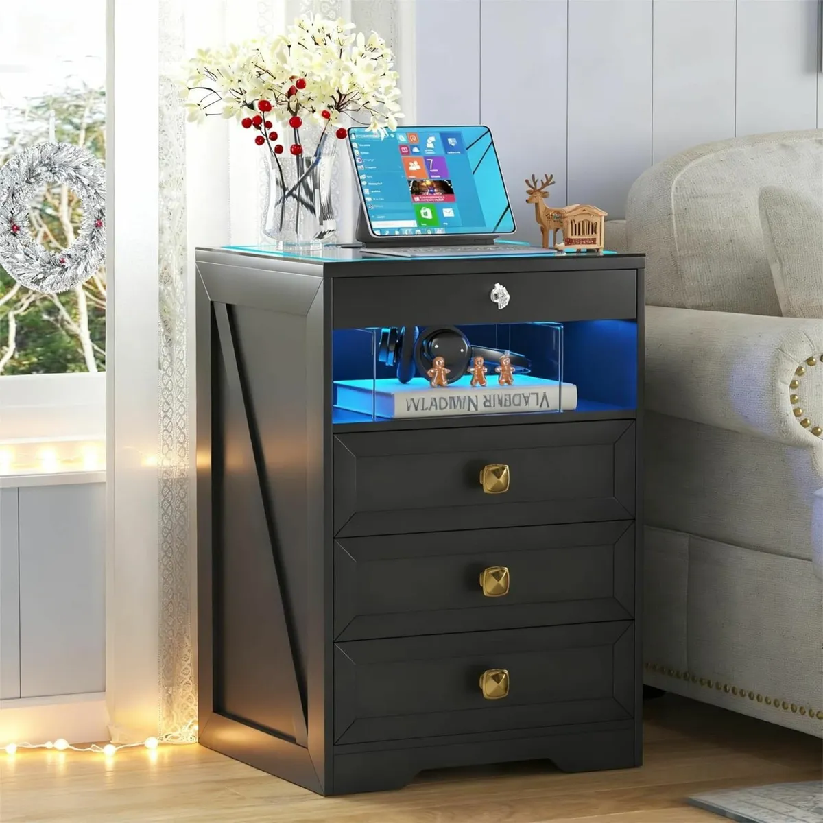 LED Bedside Table with Hidden Drawer Glass Top - Image 1