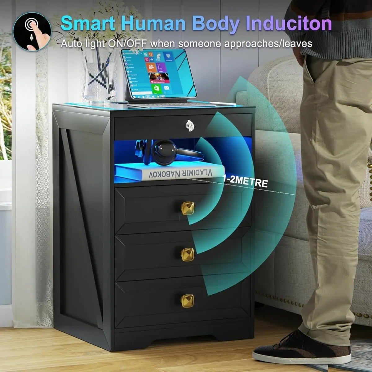 LED Bedside Table with Hidden Drawer Glass Top - Image 4