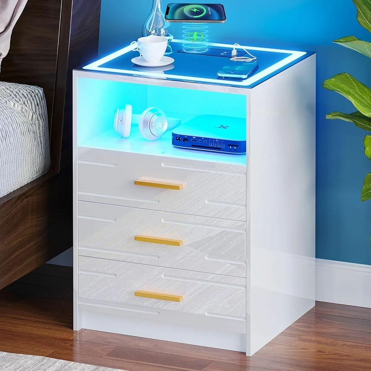 White Bedside Table with Wireless Charging - Image 1