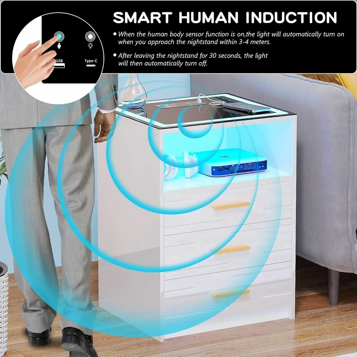 White Bedside Table with Wireless Charging - Image 3