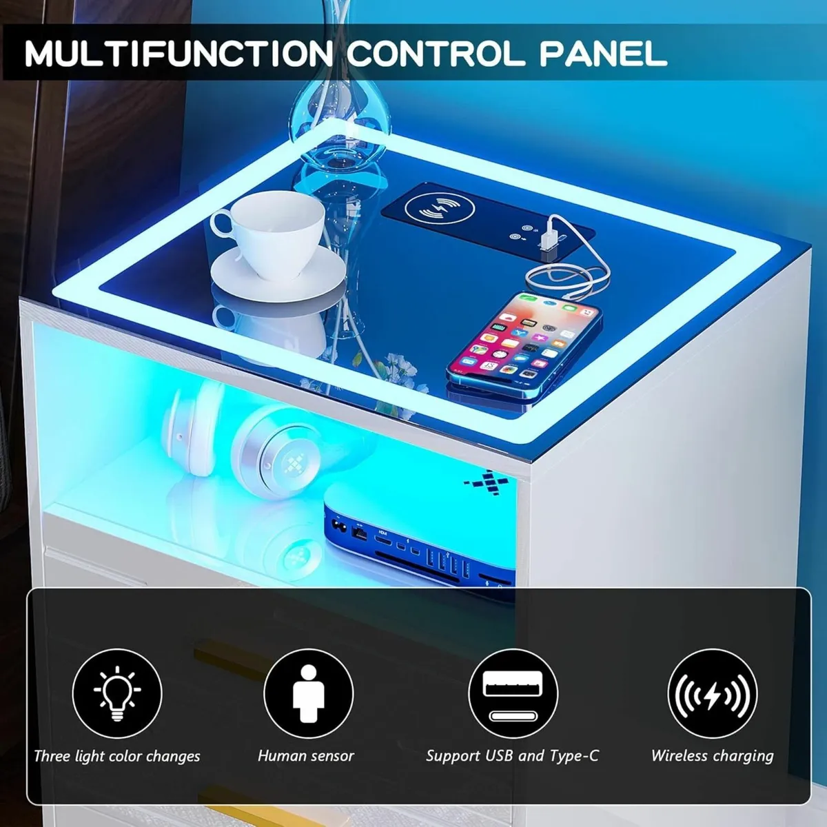 White Bedside Table with Wireless Charging - Image 4