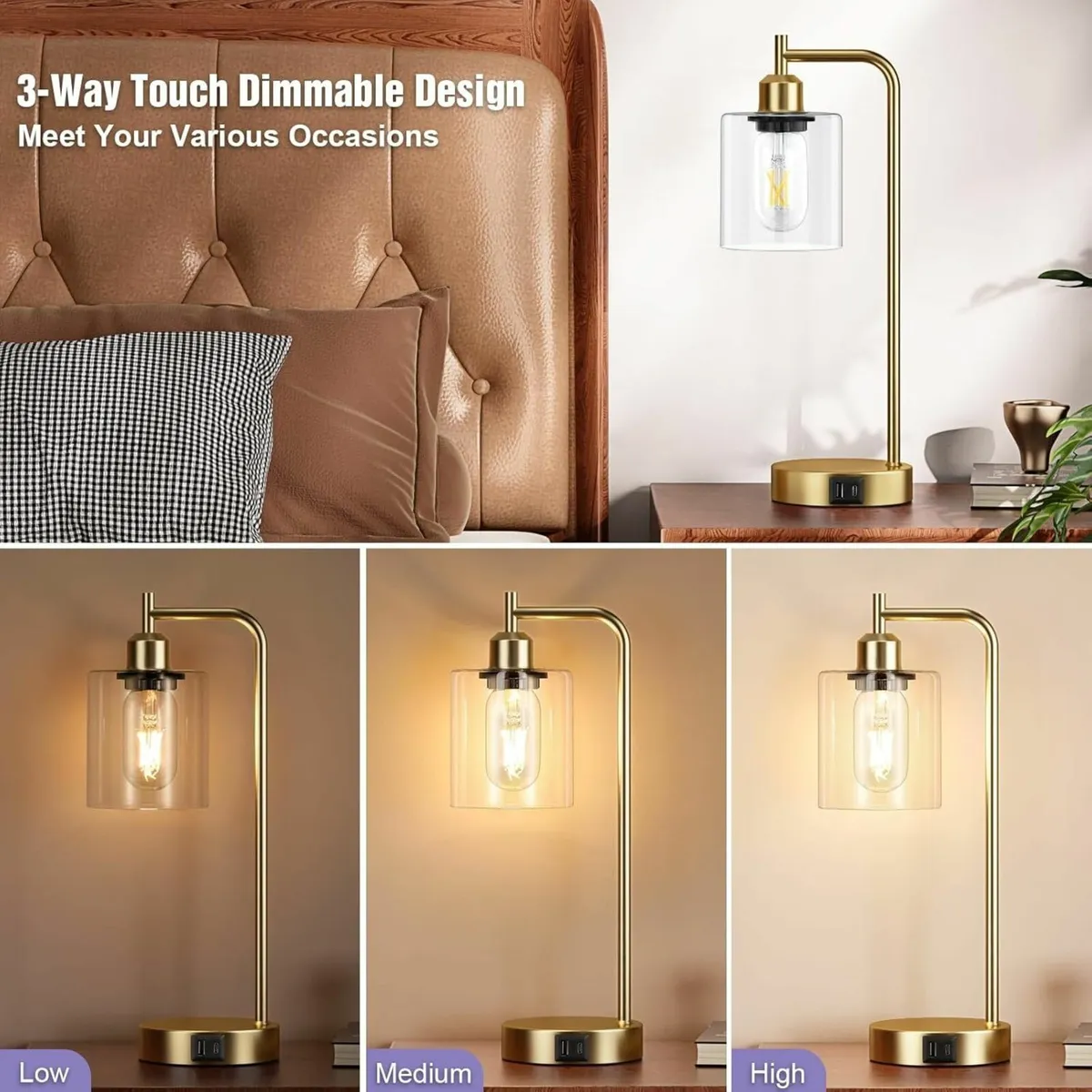 Industrial Touch Lamps Set of 2 Gold Bedside with - Image 3