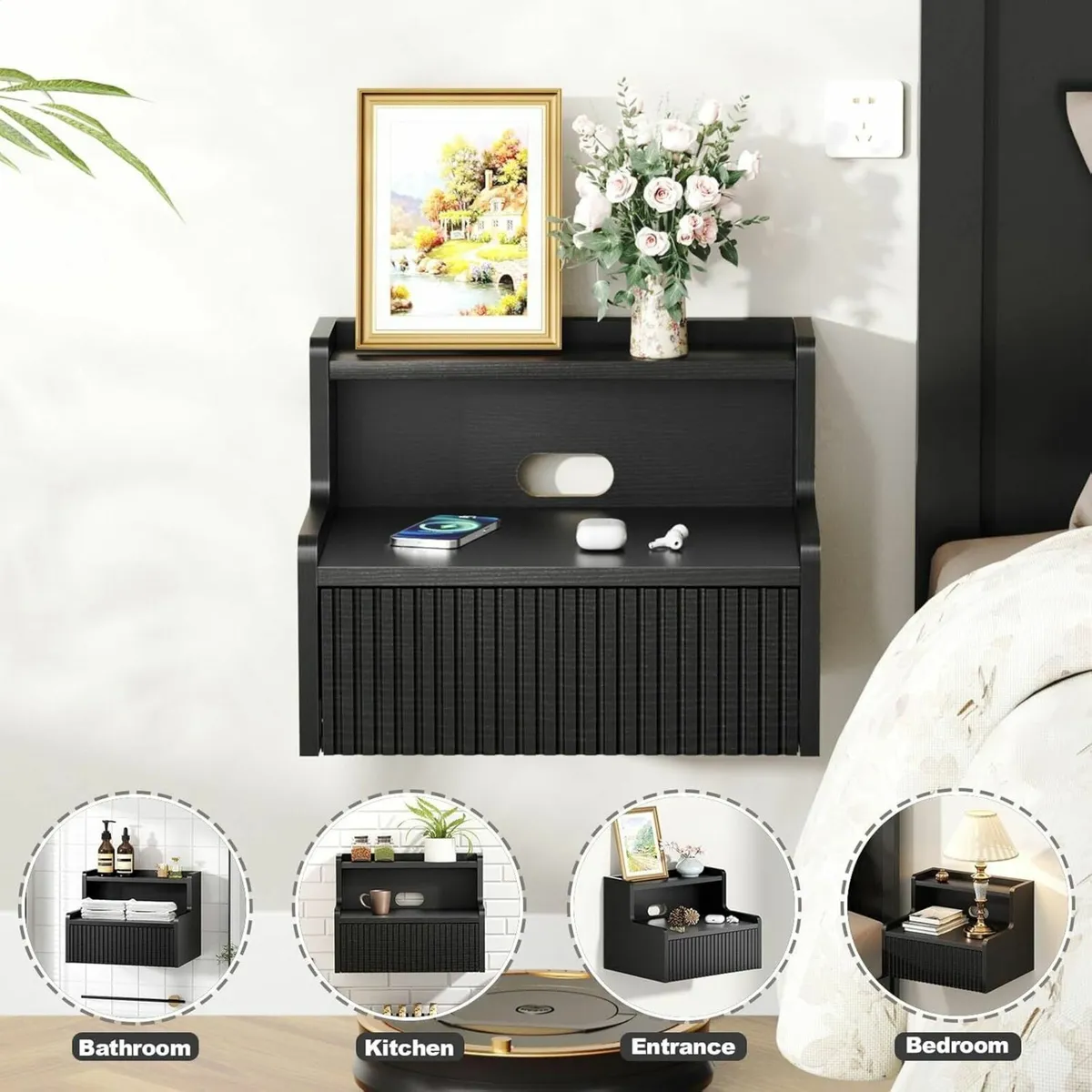 Floating Bedside Table Set of 2 Wooden Wall Mount - Image 4