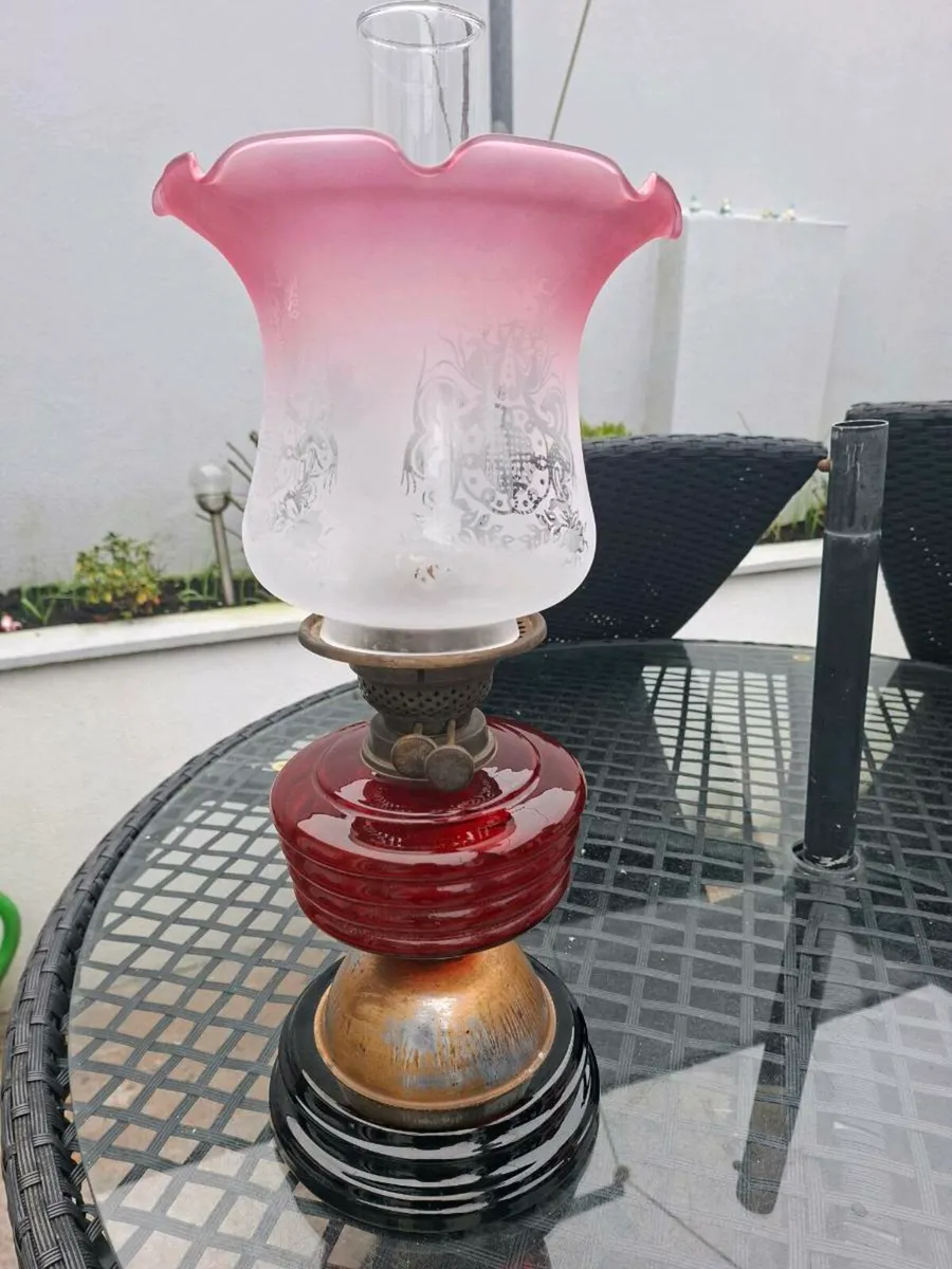Antique Victorian British made Cranberry Oil Lamp - Image 1
