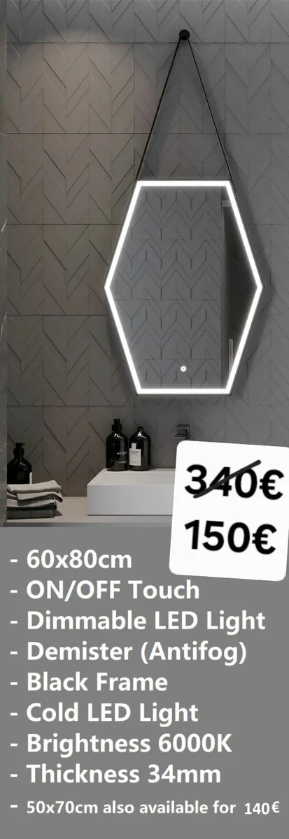 LED Bathroom Mirror Black Frame Antifog Touch - Image 1