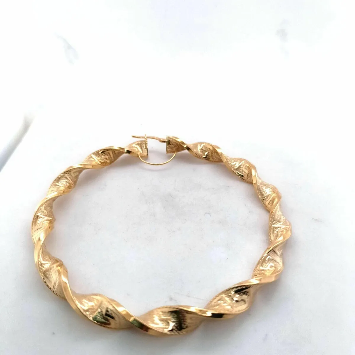 9k Gold Large Hoops Earrings, Greek Key Detail - Image 4