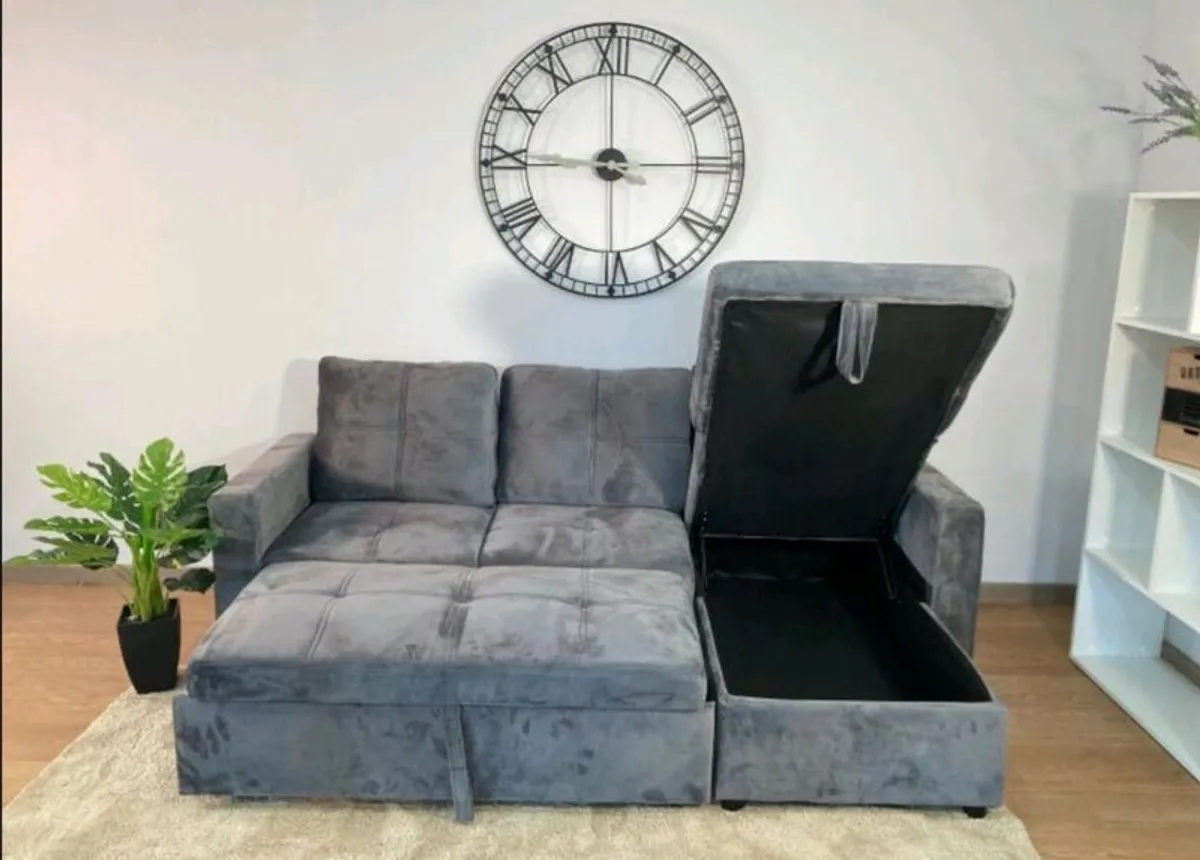Grey velvet Corner Sofa Bed with Storage & Pull-Out Base - Image 3