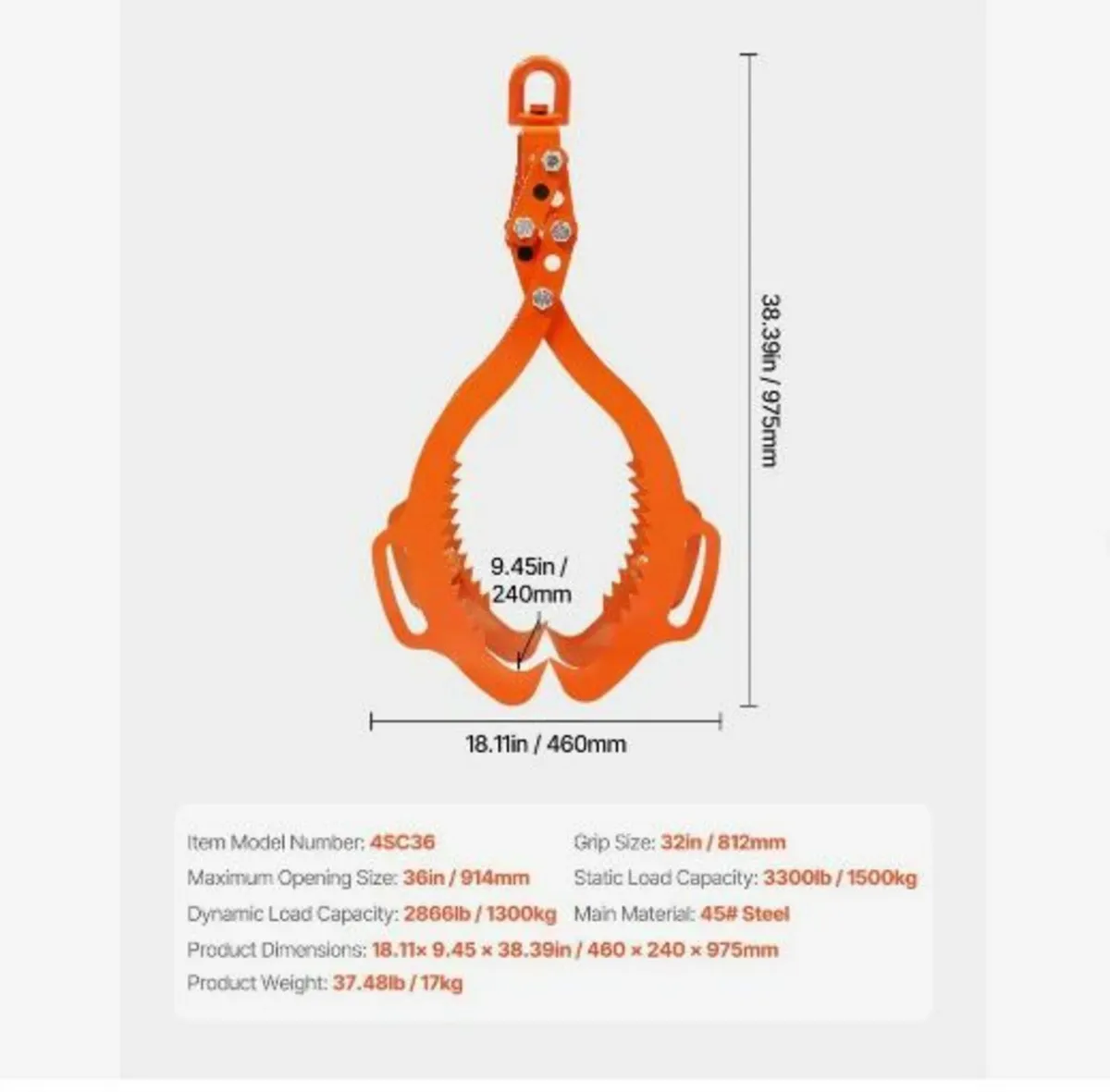 36in Log Lifting Tongs, 4-Claw Log Tongs - Image 1