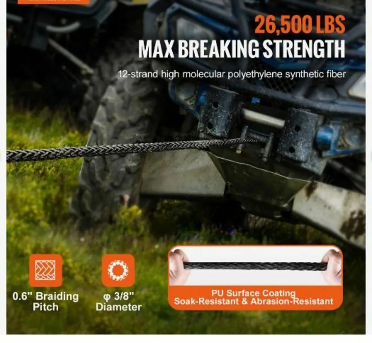 Synthetic Winch Rope, 9.5 mm x 30.48 m - Image 2