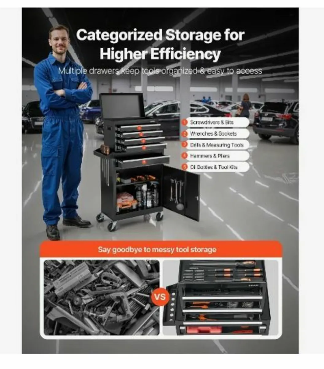 Rolling Tool Chest, 2-in-1 Design, 5 Drawers Tool - Image 3