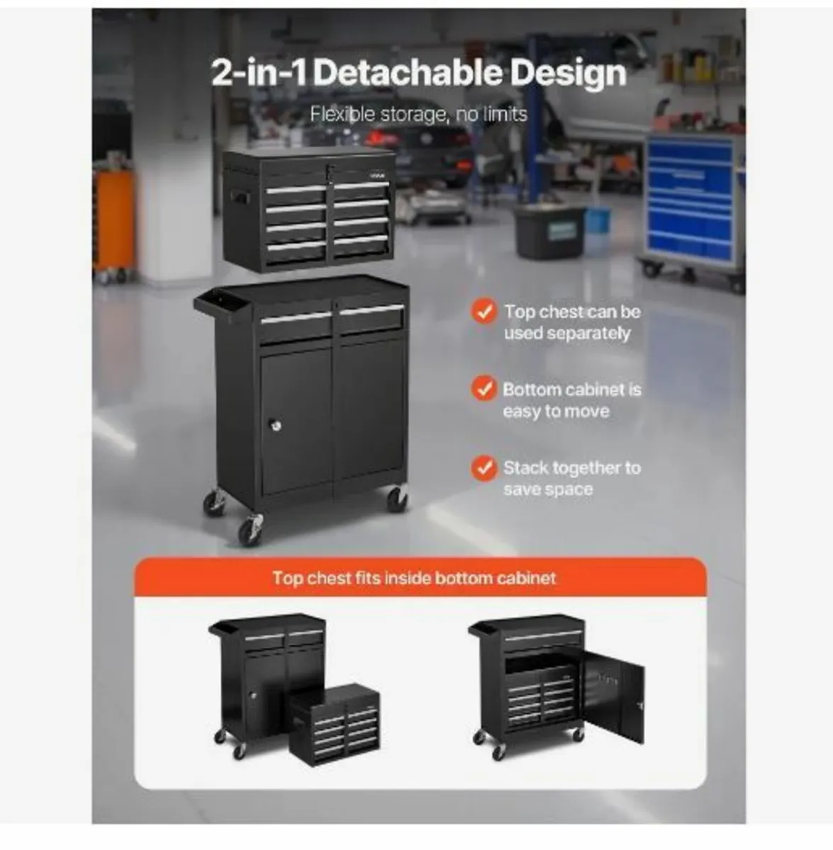 Rolling Tool Chest, 2-in-1 Design, 5 Drawers Tool - Image 2