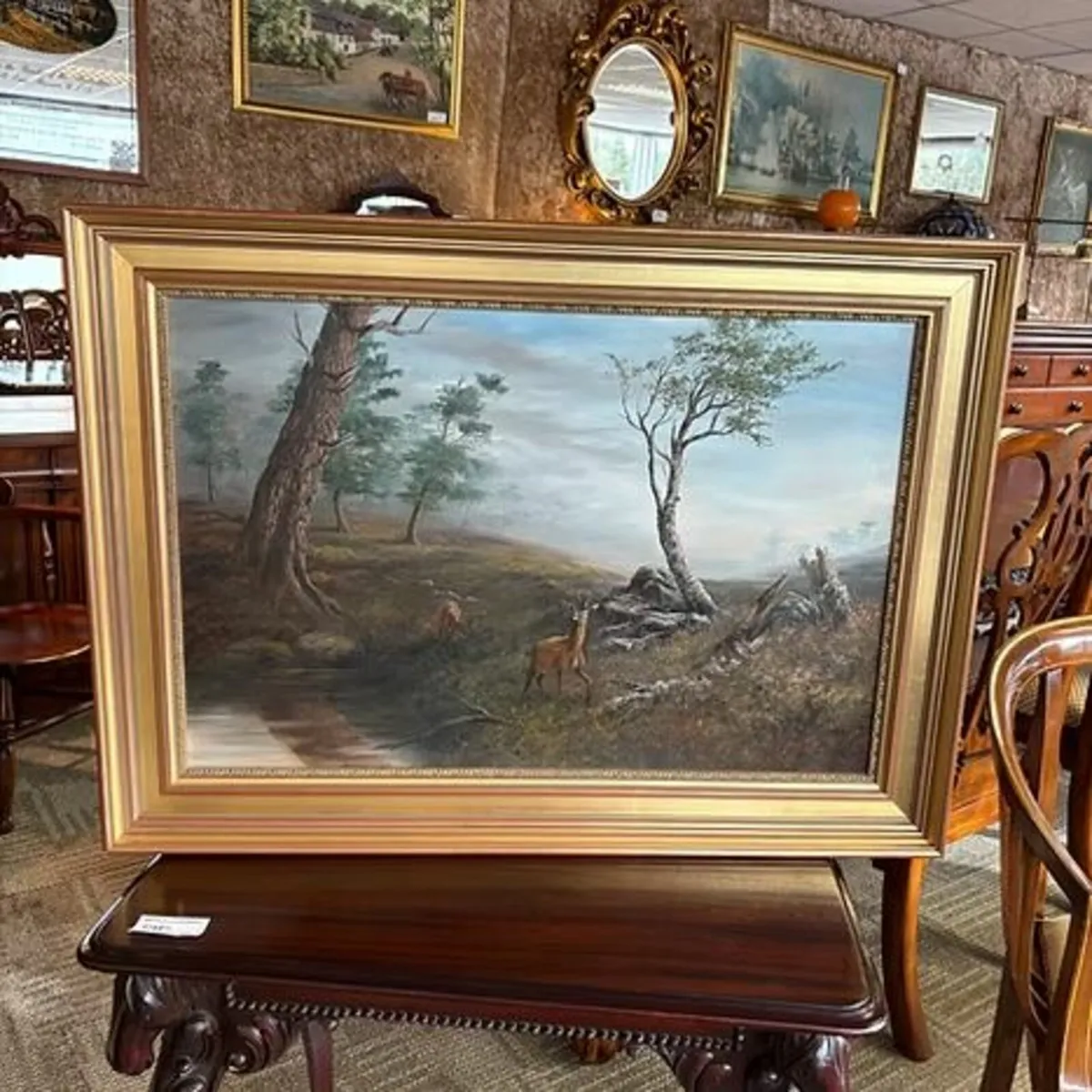 1994, oil on canvas, wooded landscape deer, W. For