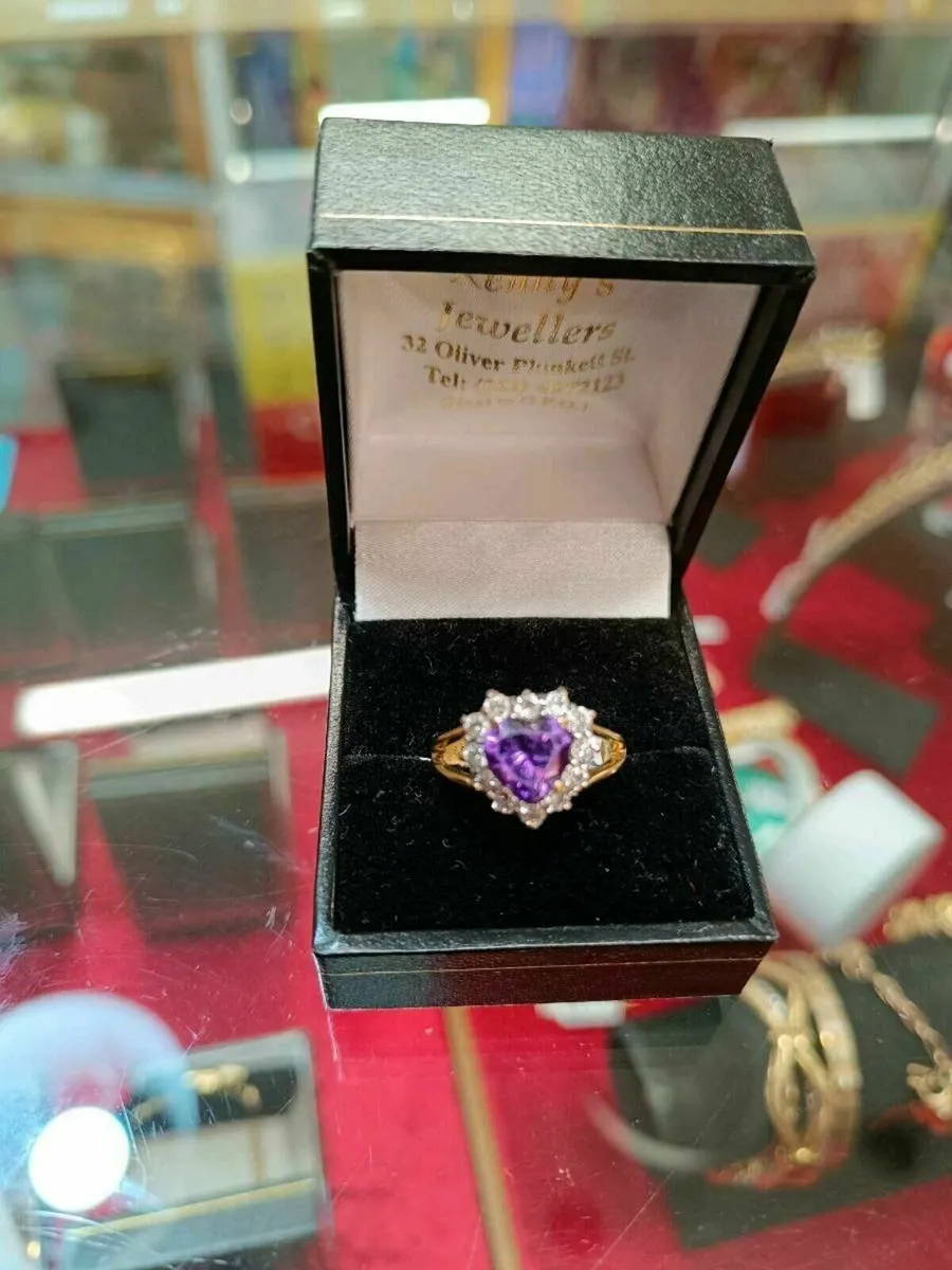 9k Gold Heart Ring , Purple Stone and Zirconias - Image 1