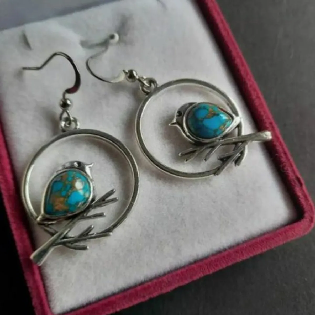 Bird on Branch Drop Earrings Silver Tone - Image 2