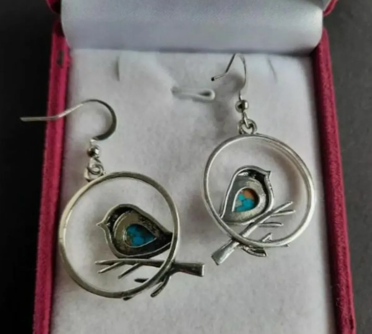 Bird on Branch Drop Earrings Silver Tone - Image 4