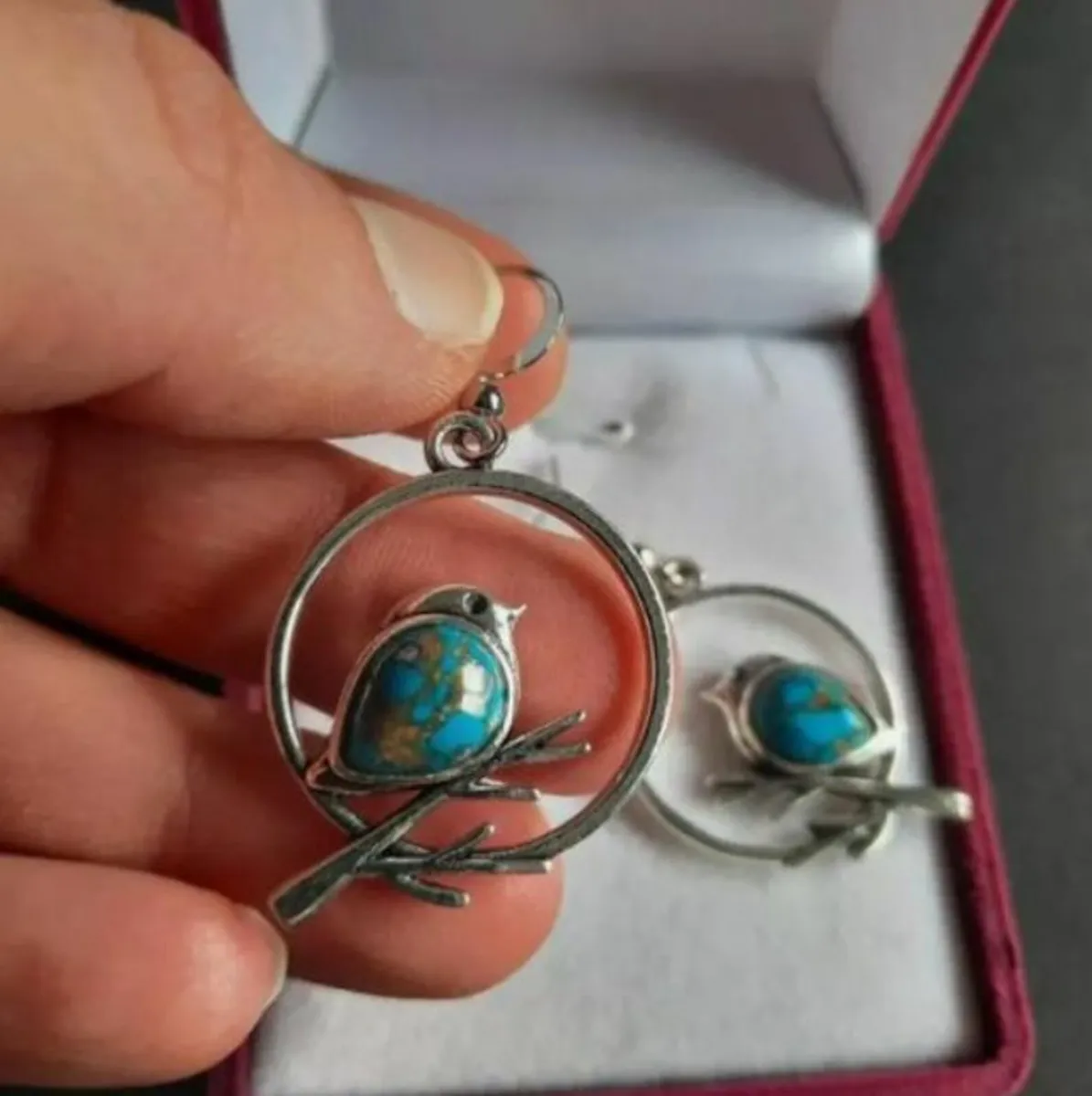 Bird on Branch Drop Earrings Silver Tone - Image 3