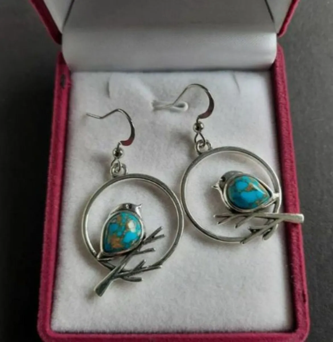 Bird on Branch Drop Earrings Silver Tone - Image 1