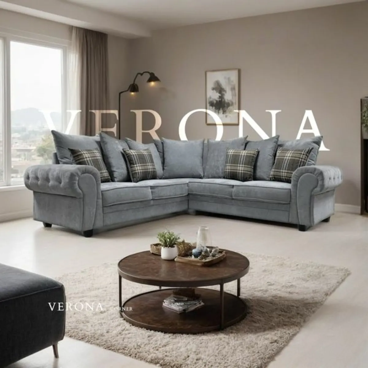 Verona 3+2+1 Grey Fabric Sofa + Matching Footstool - Image 1