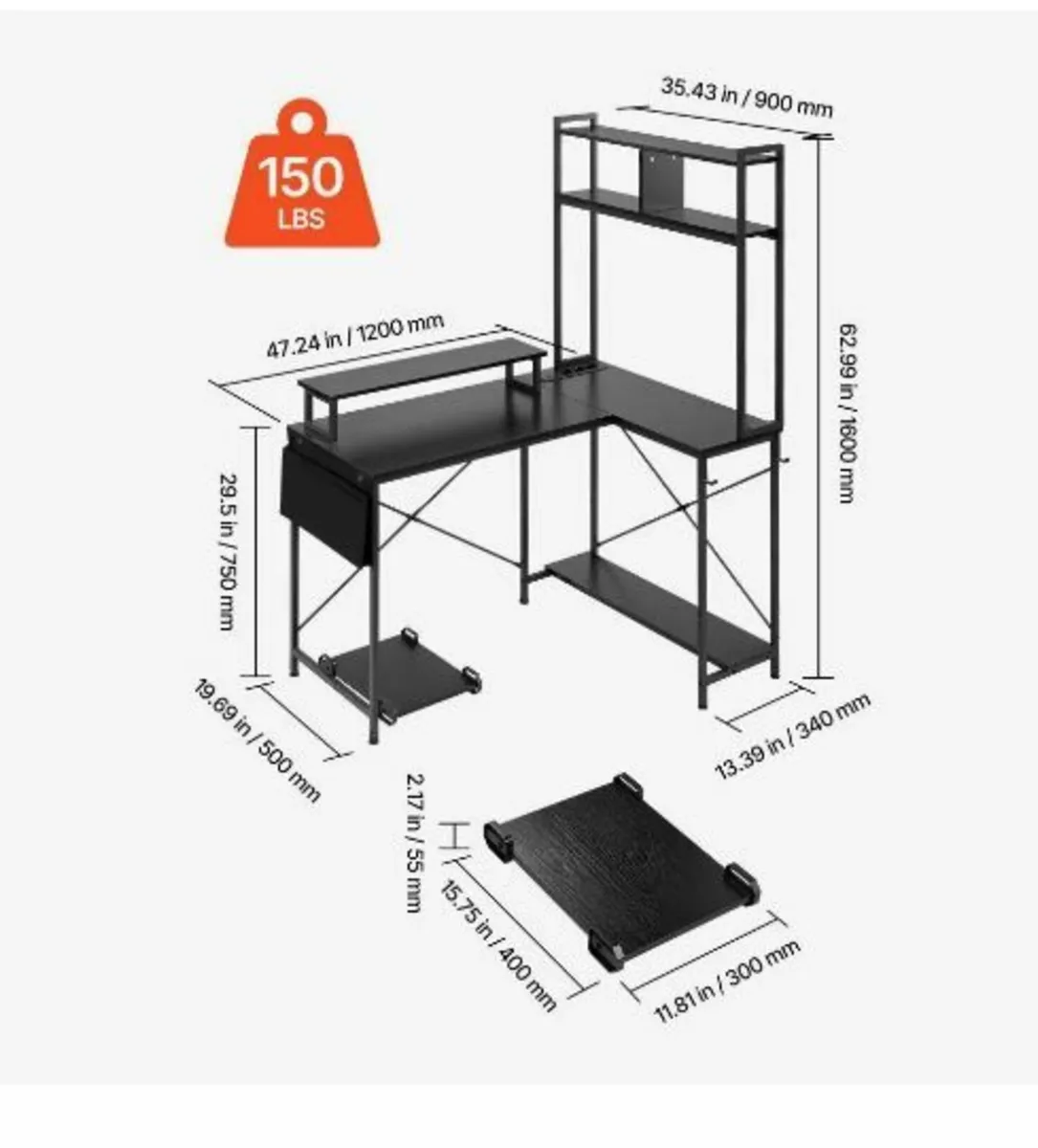 L-Shaped Gaming Desk with LED Lights, 1.2m - Image 2
