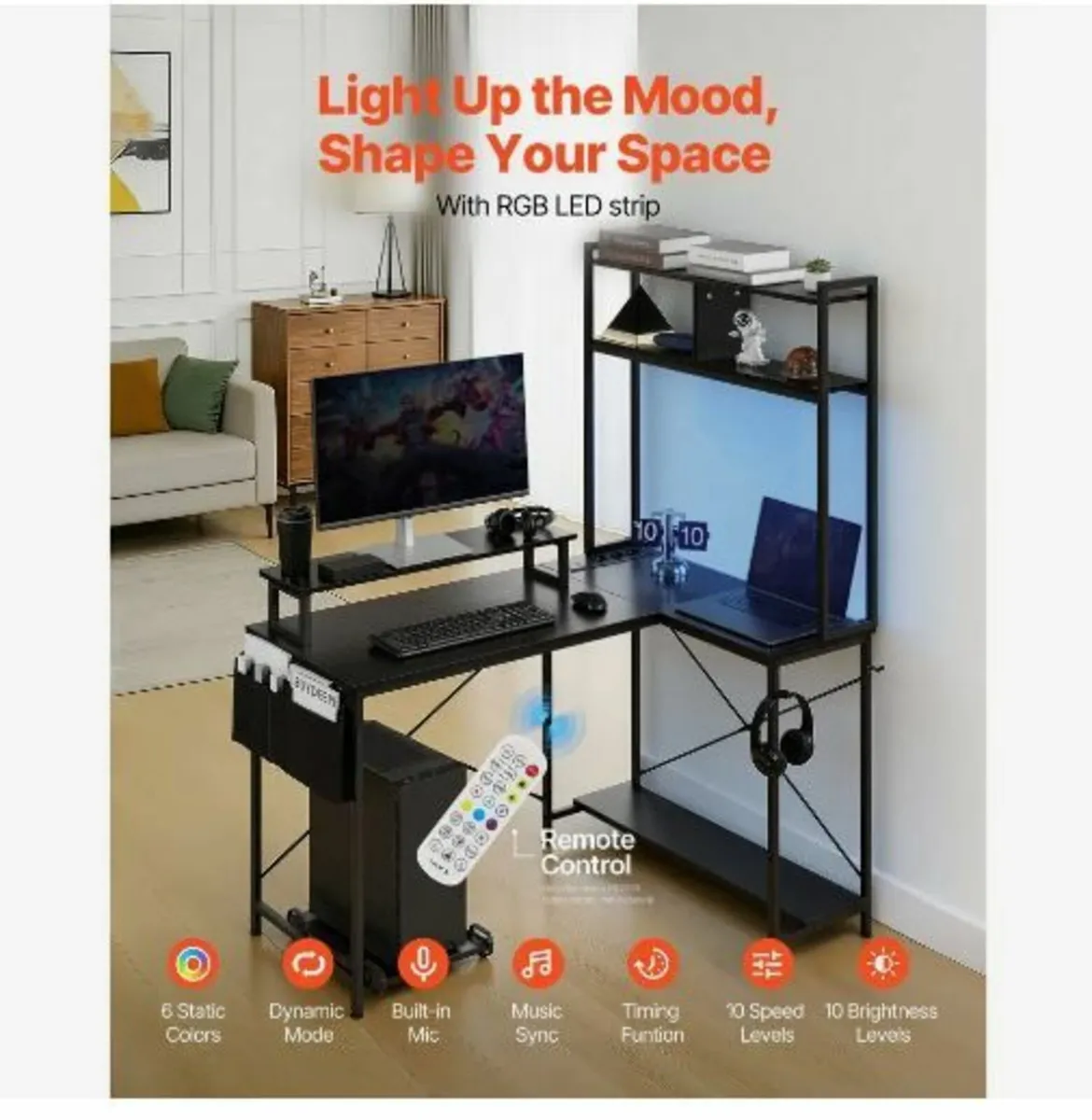 L-Shaped Gaming Desk with LED Lights, 1.2m - Image 3