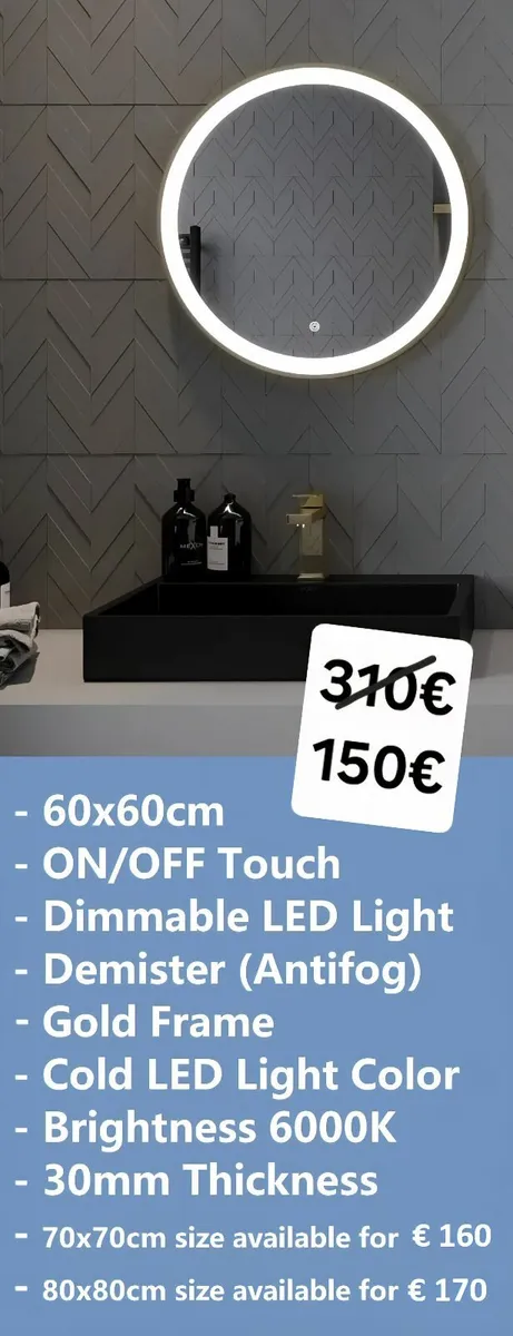 LED Bathroom Mirror Gold Frame Defogger - Image 2