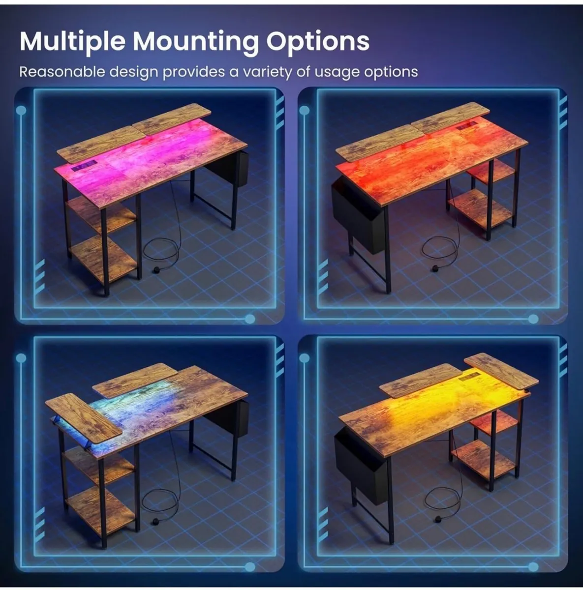 Gaming Desk with LED Lights & Power Outlets, Rever - Image 2