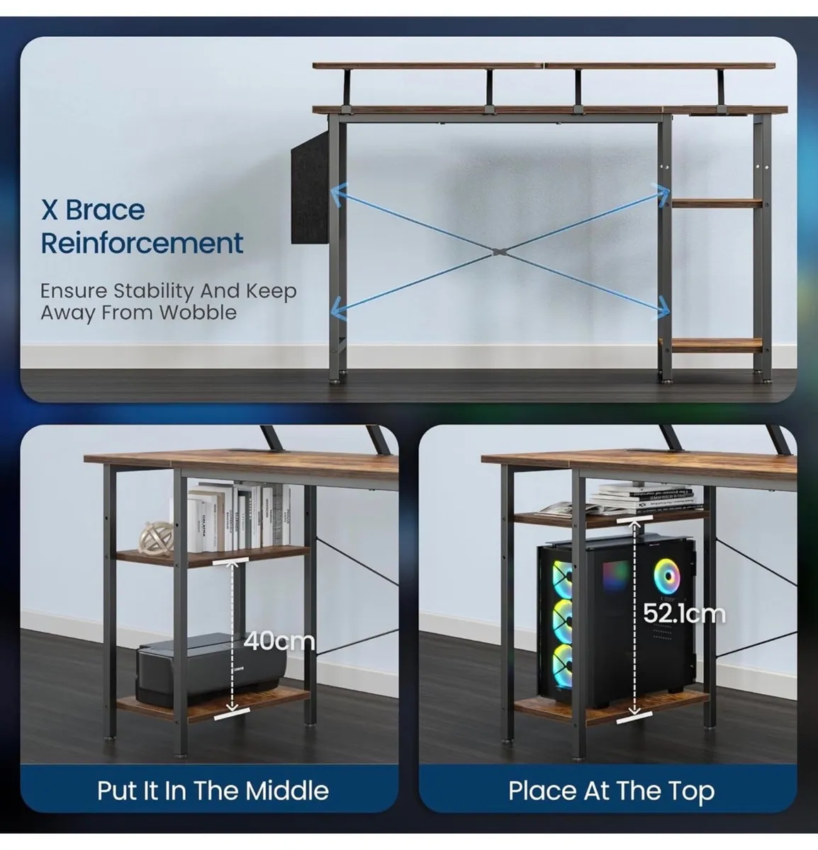 Gaming Desk with LED Lights & Power Outlets, Rever - Image 3