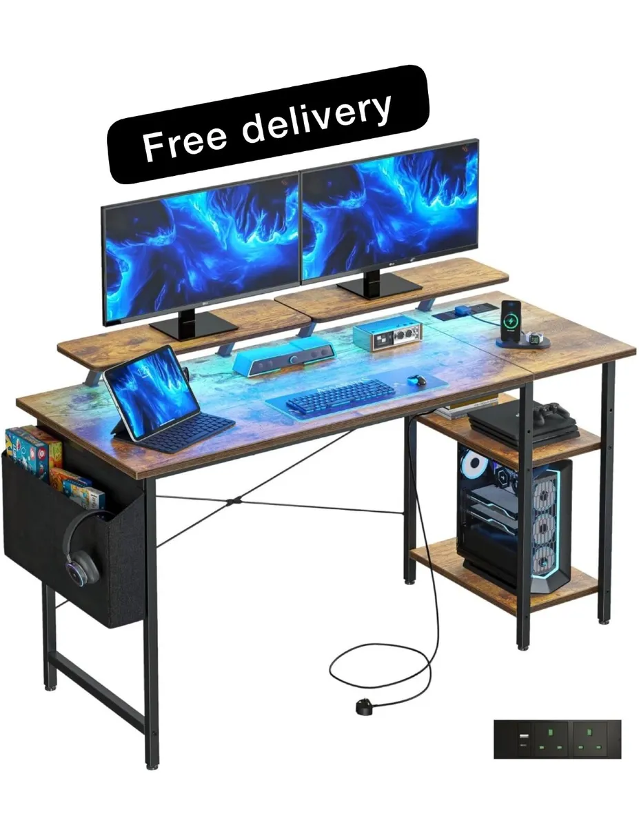 Gaming Desk with LED Lights & Power Outlets, Rever - Image 1