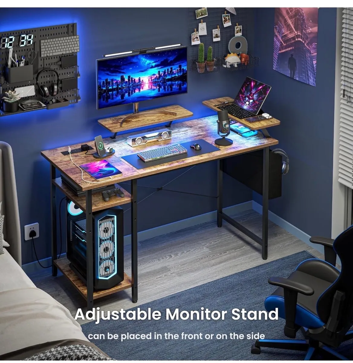 Gaming Desk with LED Lights & Power Outlets, Rever - Image 1