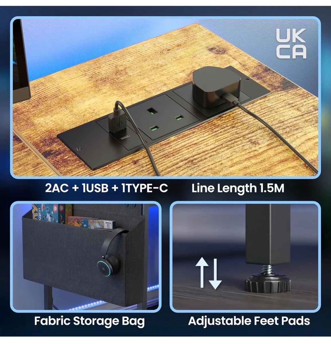 Gaming Desk with LED Lights & Power Outlets, Rever - Image 3