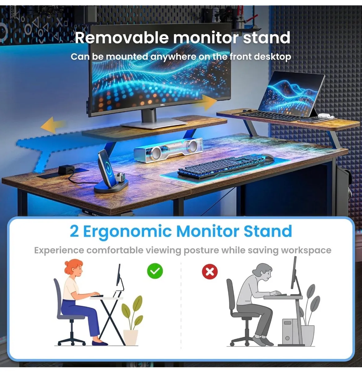 Gaming Desk with LED Lights & Power Outlets, Rever - Image 4