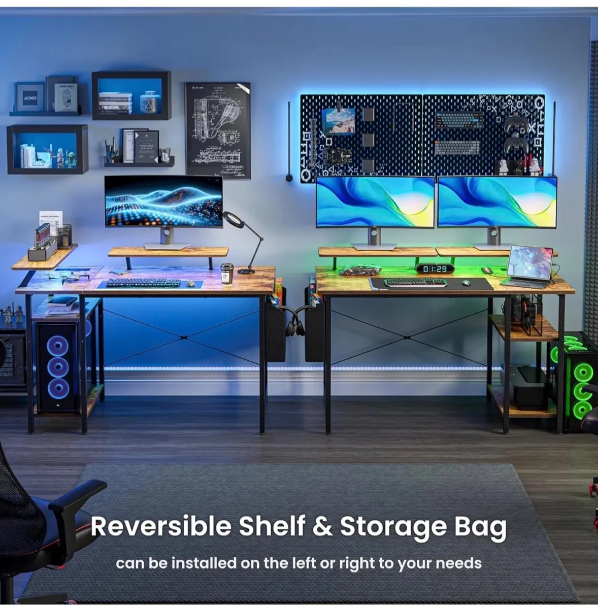 Gaming Desk with LED Lights & Power Outlets, Rever - Image 2