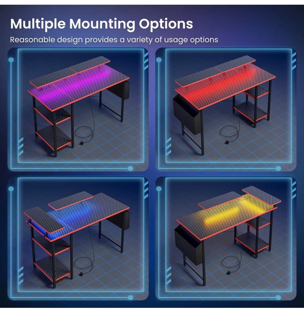 Gaming Desk with LED Lights & Power Outlets, Rever - Image 2