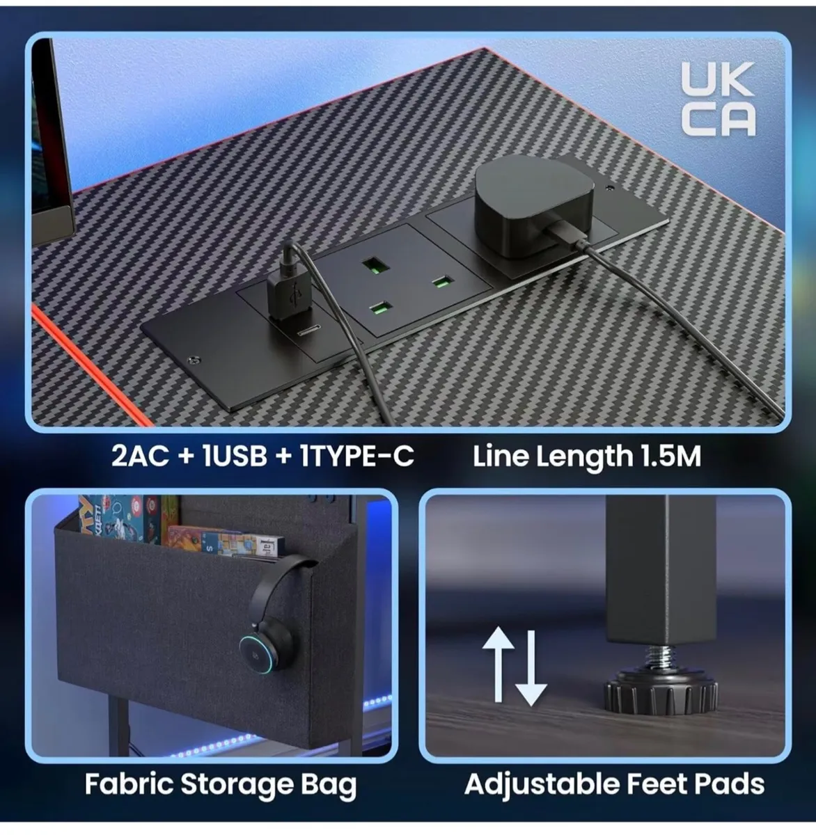 Gaming Desk with LED Lights & Power Outlets, Rever - Image 4