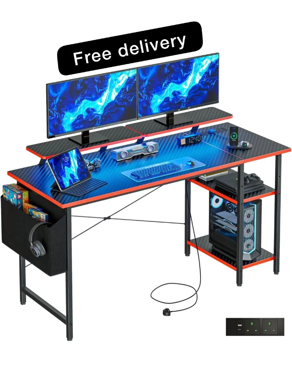Gaming Desk with LED Lights & Power Outlets, Rever - Image 1