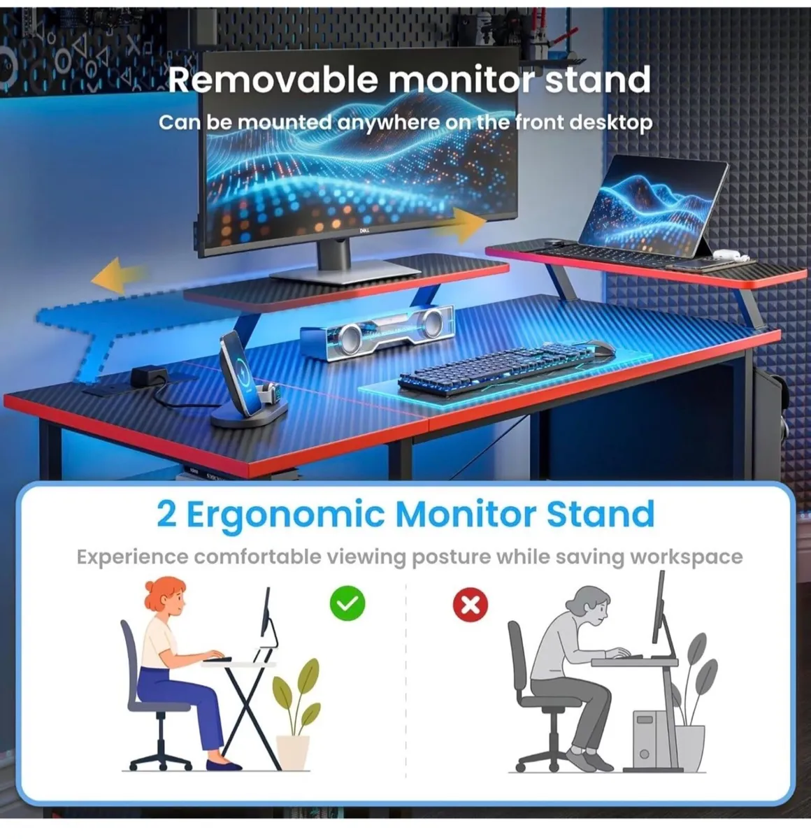 Gaming Desk with LED Lights & Power Outlets, Rever - Image 4
