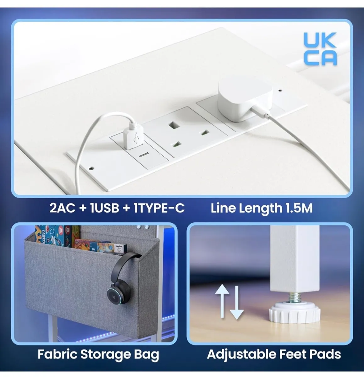 Gaming Desk with LED Lights & Power Outlets, Rever - Image 4
