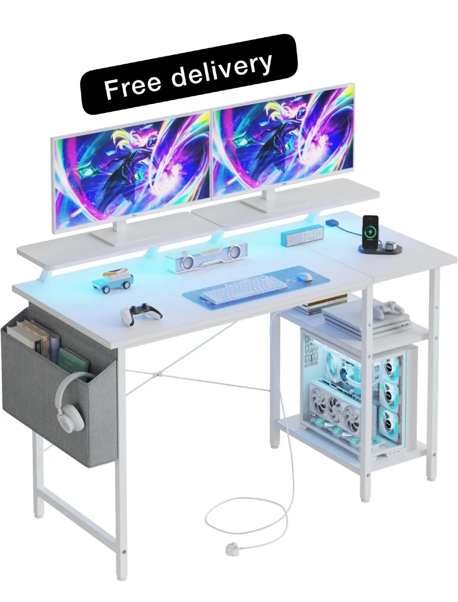 Gaming Desk with LED Lights & Power Outlets, Rever - Image 1